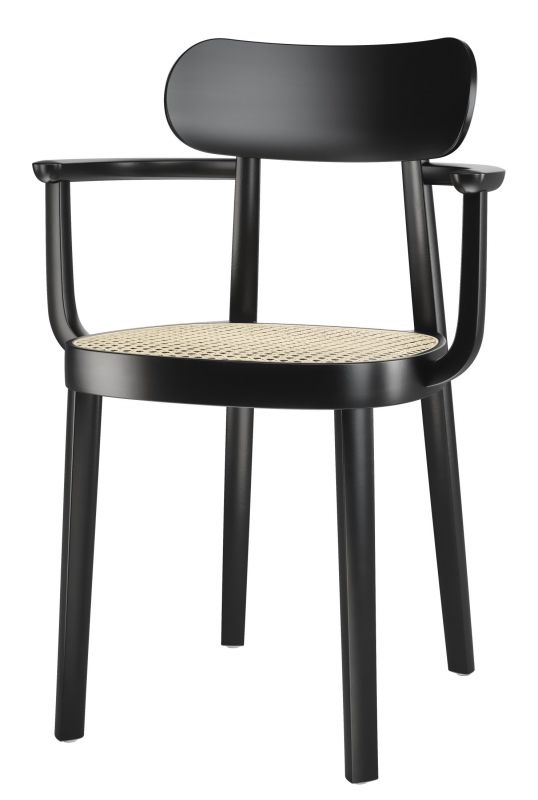 Schwarzer Holzstuhl mit Armlehnen und Wiener Geflecht Sitzfläche, Modell 118 F Thonet.